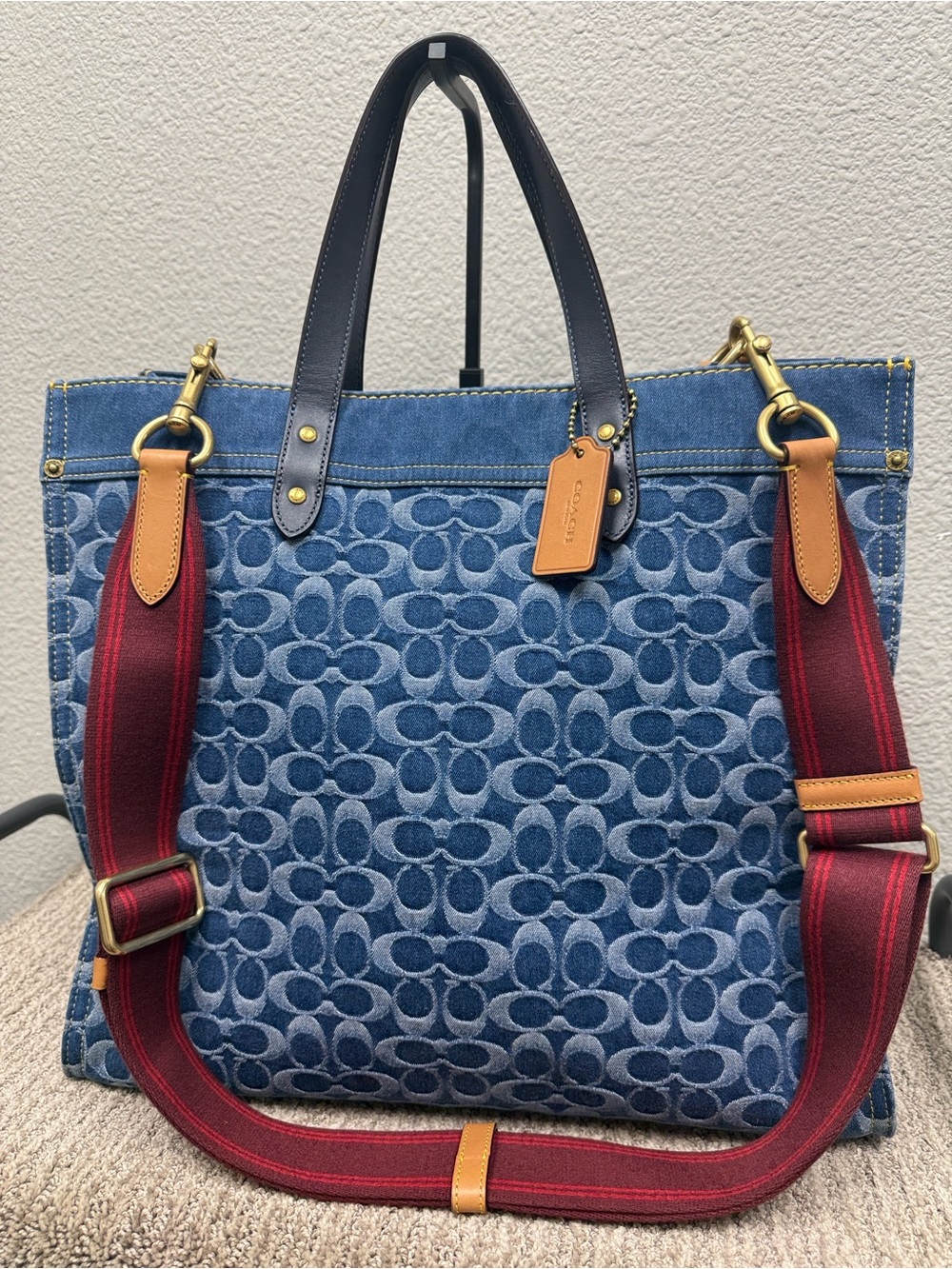 Coach Signature Denim 40 XL Field Tote with Red Strap